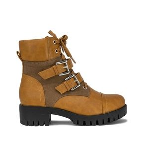 Women's Cognac Leather Ankle Combat Boots
